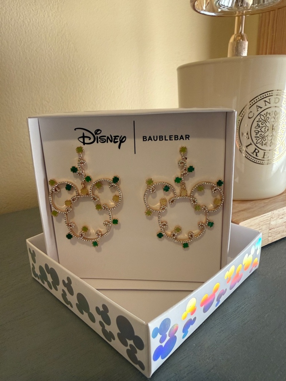 BaubleBar Gold-tone Mickey Hoop Earrings with Green shamrocks